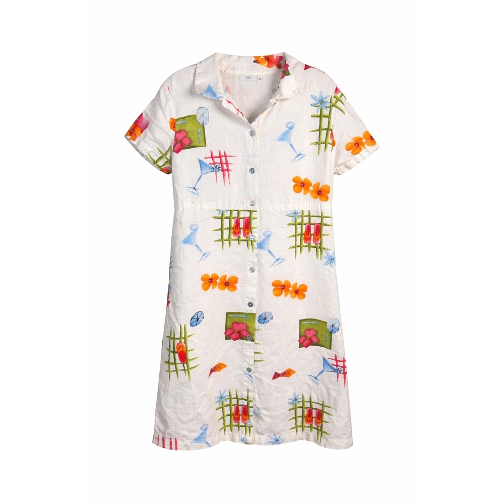 Vintage Hot Cotton Martini Print Shirt Dress Small Novelty Tropical Resort Y2K